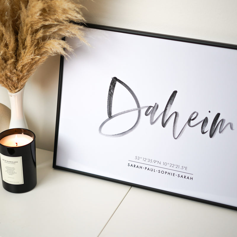 Personalisiertes Poster Daheim, personalisierbares Familienposter