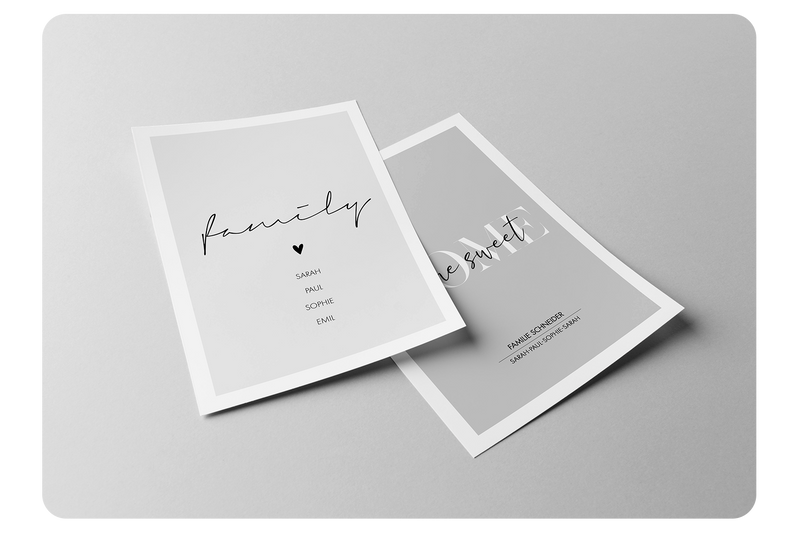 Zwei personalisierte Poster von HEI Print in einem schlichtem modernen Design. Die Poster sind mit Namen, einem Datum und Koordinaten personalisiert. t
